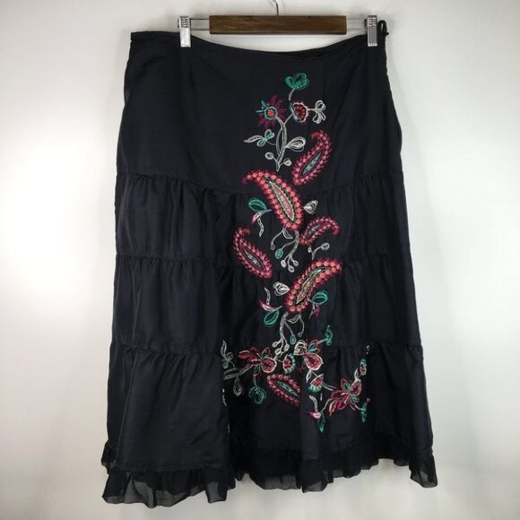 Carole Little Black Embroidered Floral Print Skirt Silk Size 14 - Picture 1 of 6